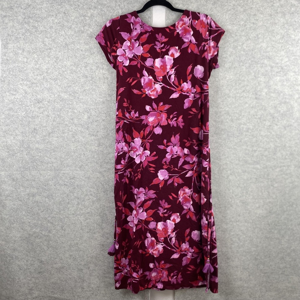 J Jill T Shirt Dress Womens S Petite Red Pink Floral Tassel Belt Knit Casual